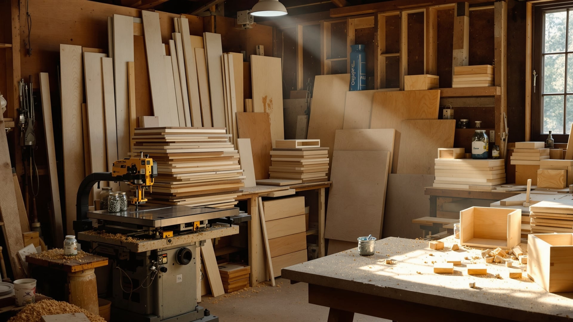 Small Cornish workshop with cut timber and part-assembled wooden nest boxes
