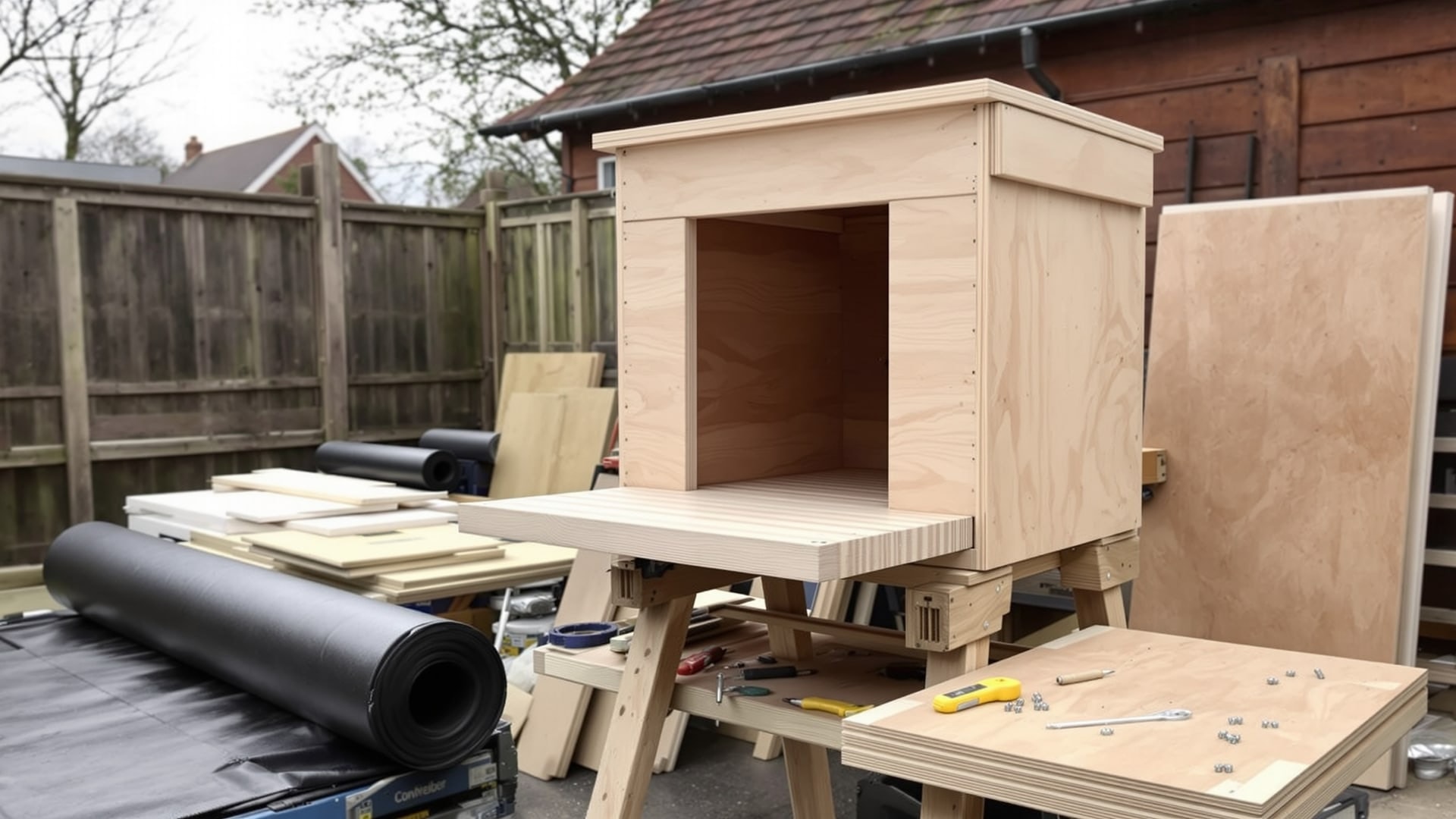 Part-built plywood barn owl box on trestles with landing tray and roofing felt