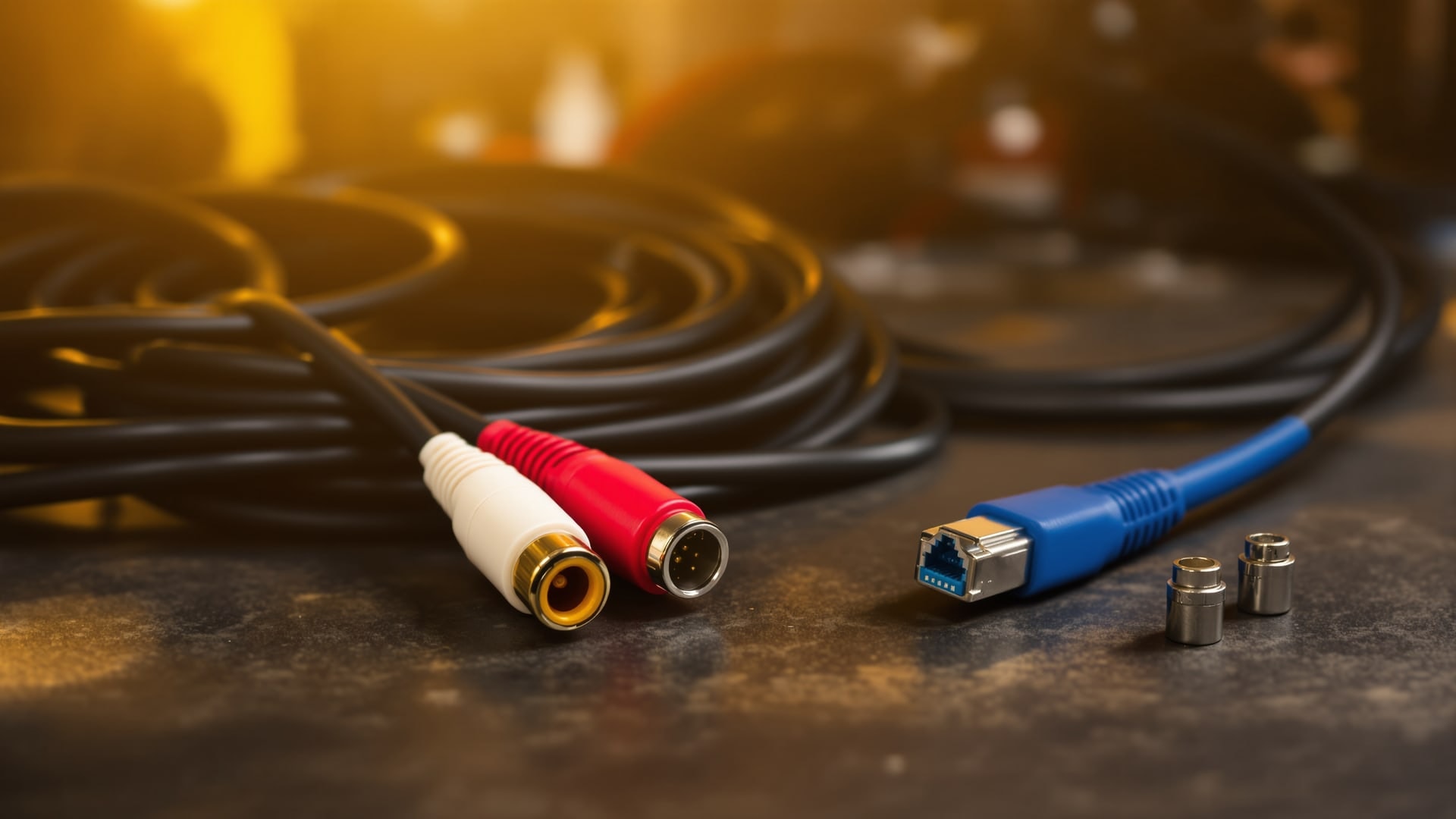 Coiled AV, DC and network cables with couplers on a workshop bench