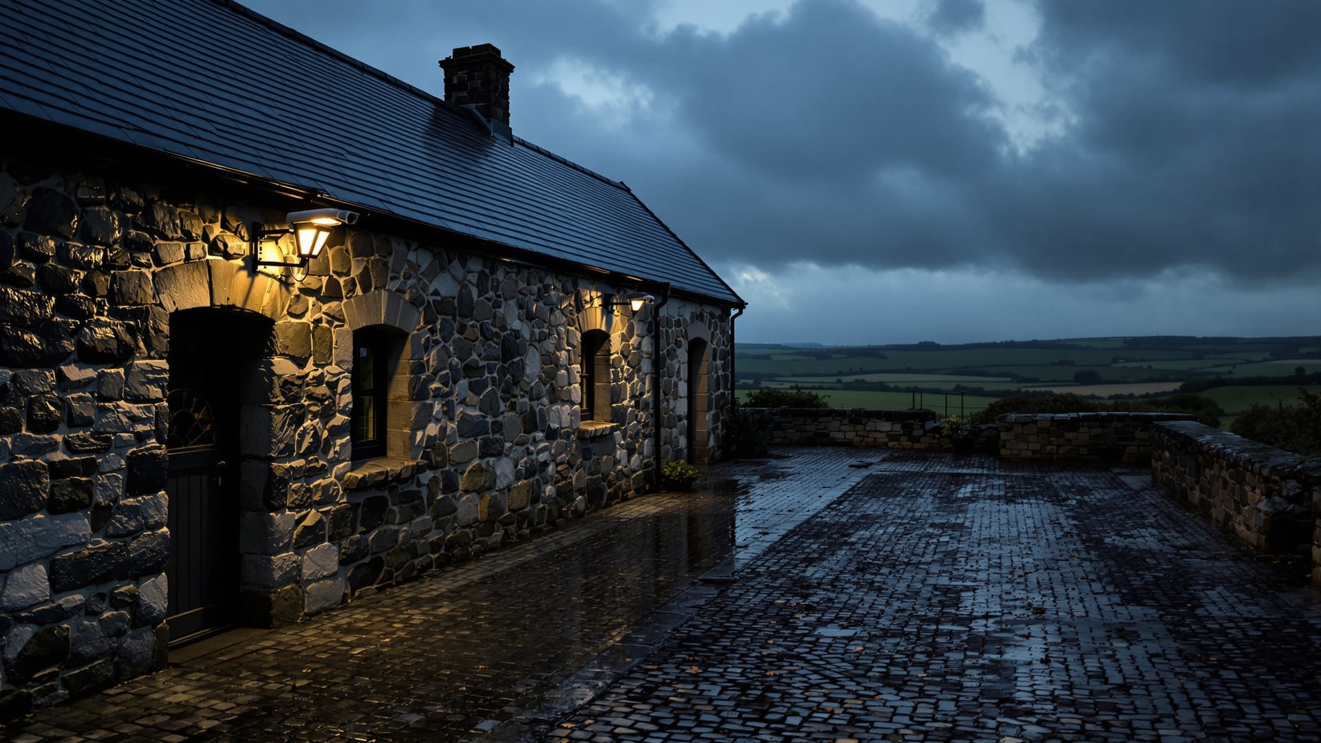 Weatherproof camera under the eaves of a Cornish granite outbuilding at dusk