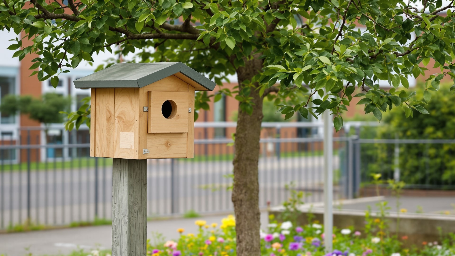 Wooden nest box on a post in a school nature area