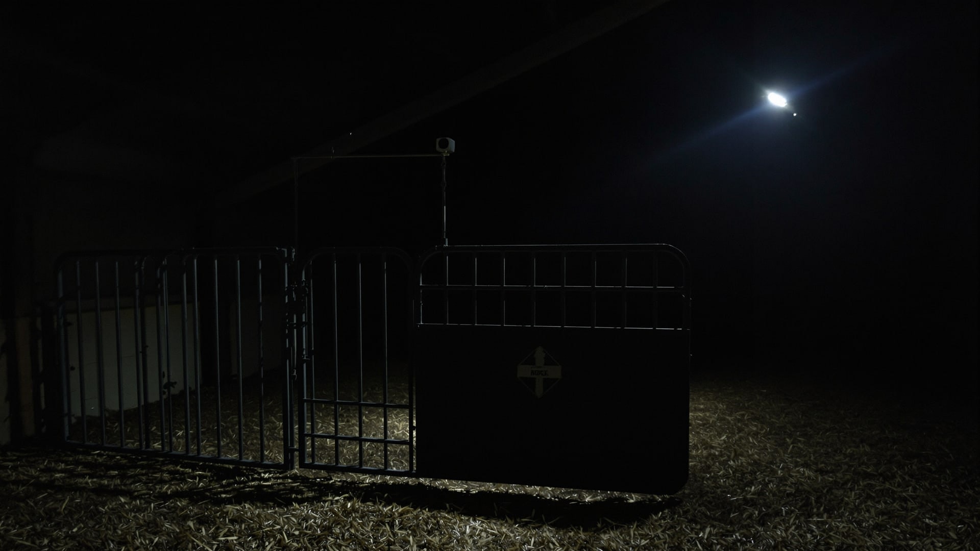 Infra-red camera mounted high on a roof truss inside a livestock shed