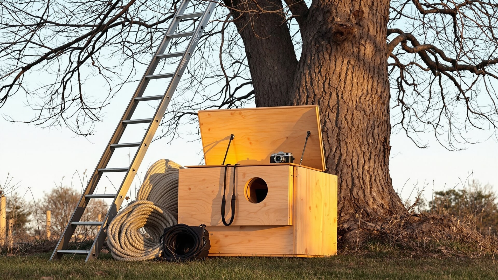Owl box on the ground beside a ladder and rope, with a camera and bracket ready to fit