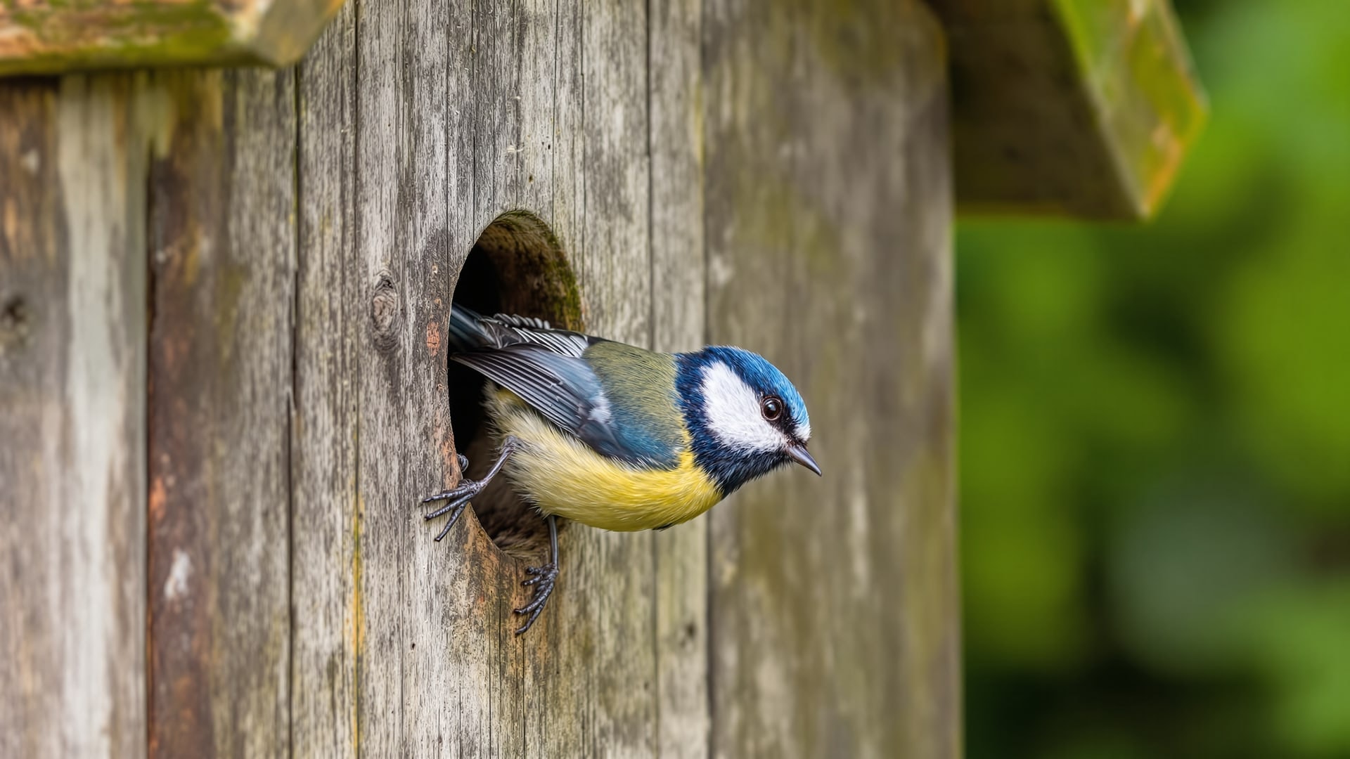 Blue tit at the entrance hole of a wooden nest box