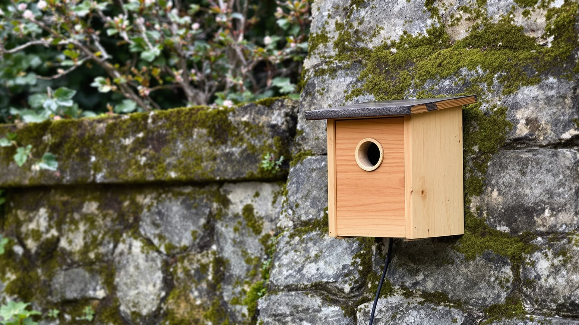 Hand-made wooden nest box with a camera cable, mounted on a Cornish granite garden wall
