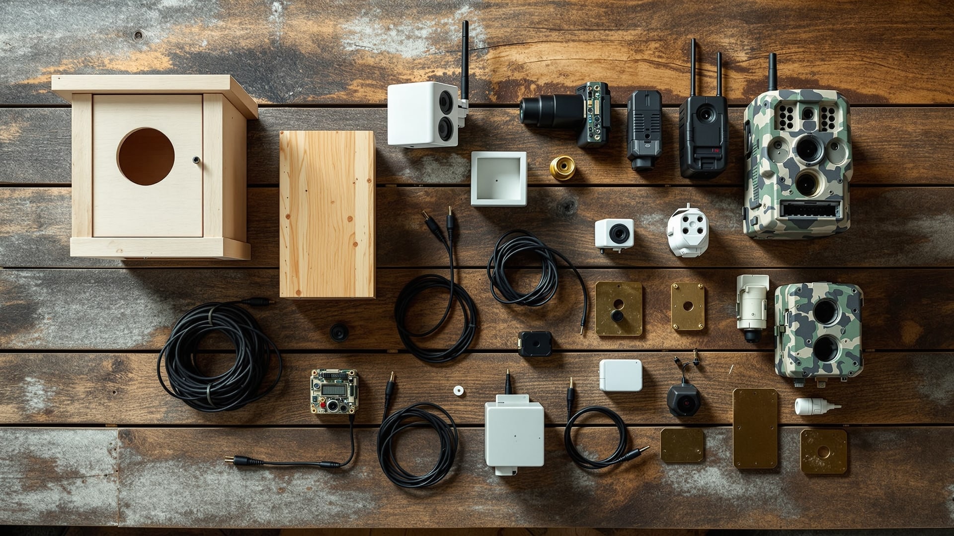 The Handykam range laid out: nest boxes, board camera, network camera, trail camera, cables and fittings