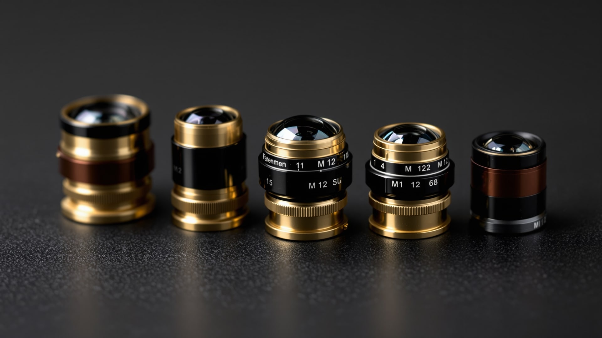 A row of small M12 board camera lenses of differing focal lengths