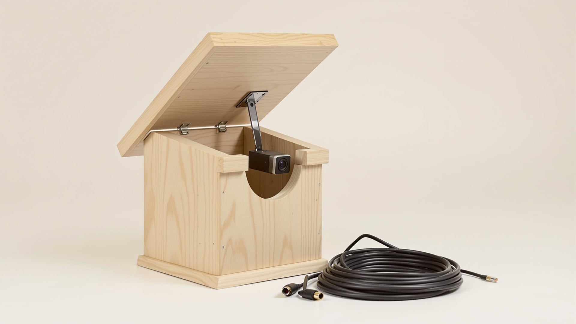 Pine camera nest box with the lid raised showing the mounted camera and cable route
