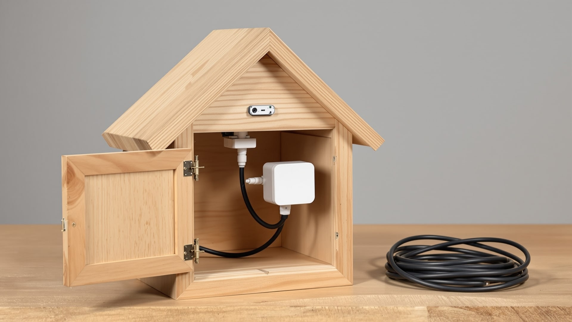 Hand-made pine bird box opened to show a 5MP network camera on a swivel bracket inside the roof