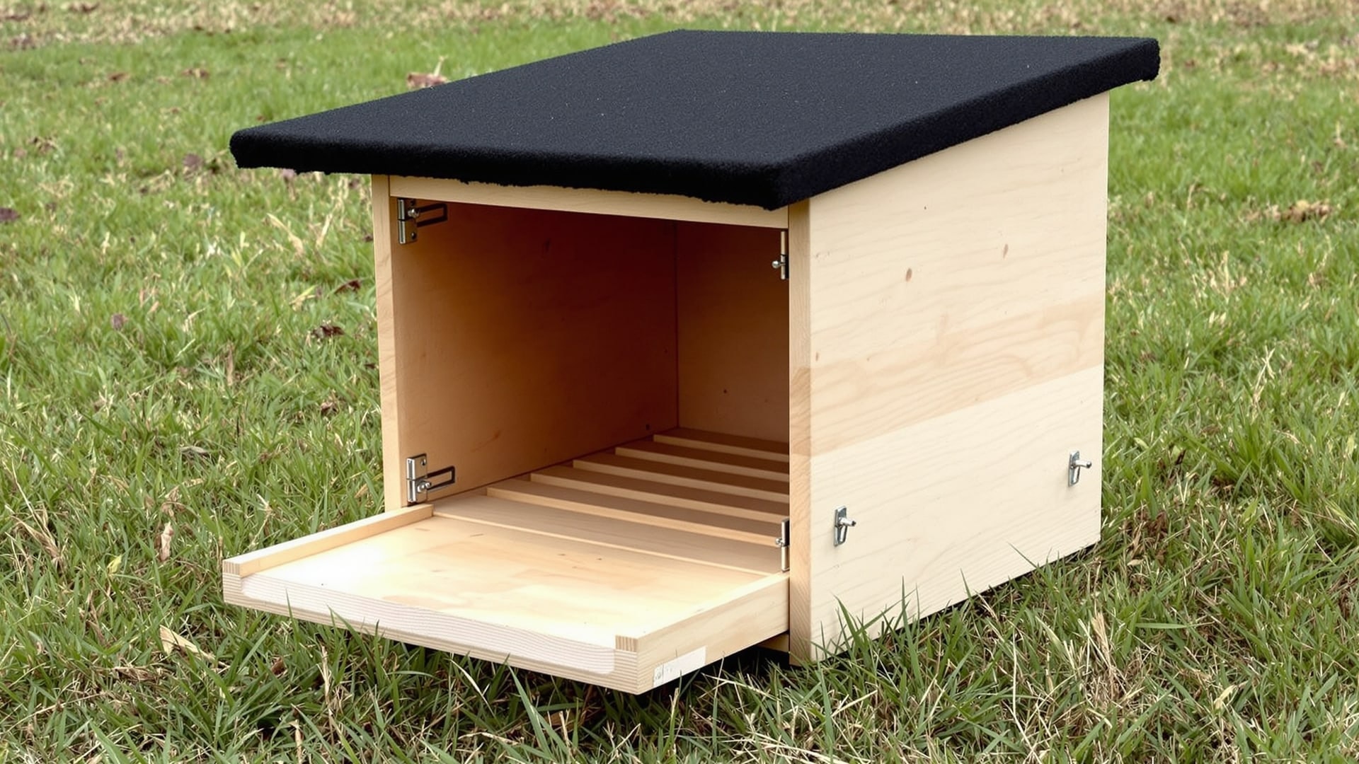 Large plywood outdoor owl box with landing tray, felted roof and mounting bar