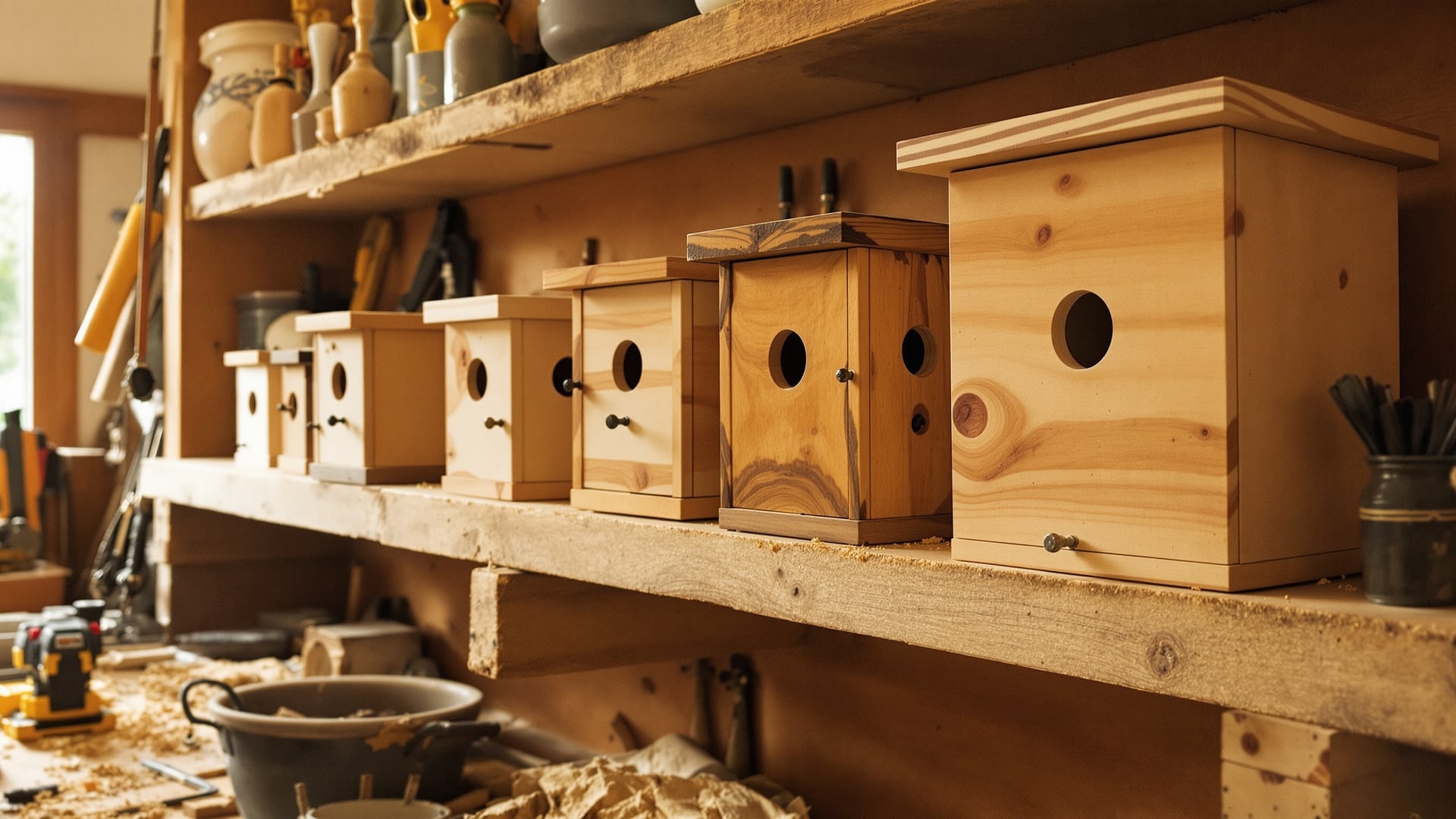Shelf of hand-made wooden nest boxes, dormouse boxes and an owl box in a workshop
