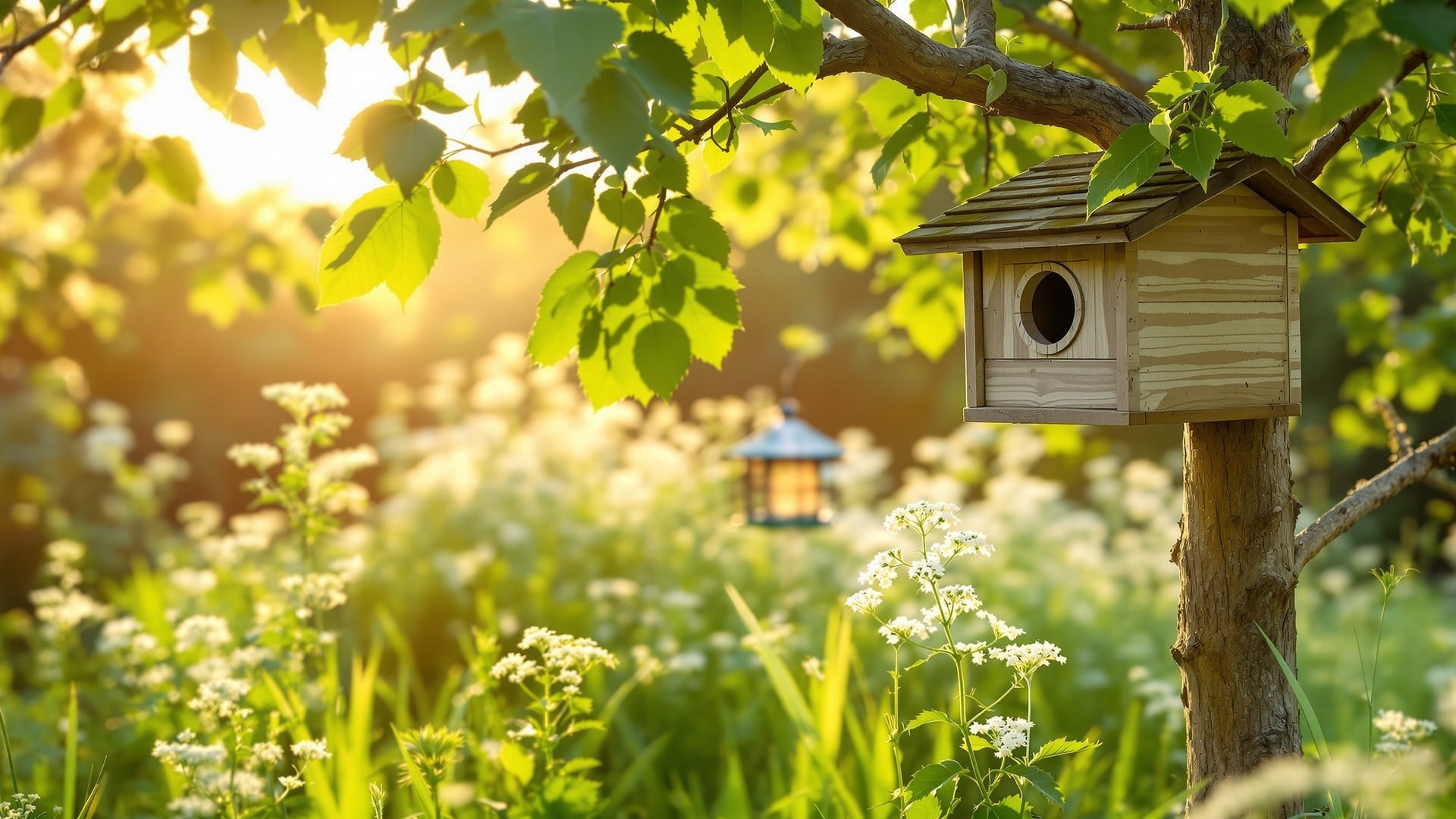 Nest box on an apple tree in a British garden in late spring