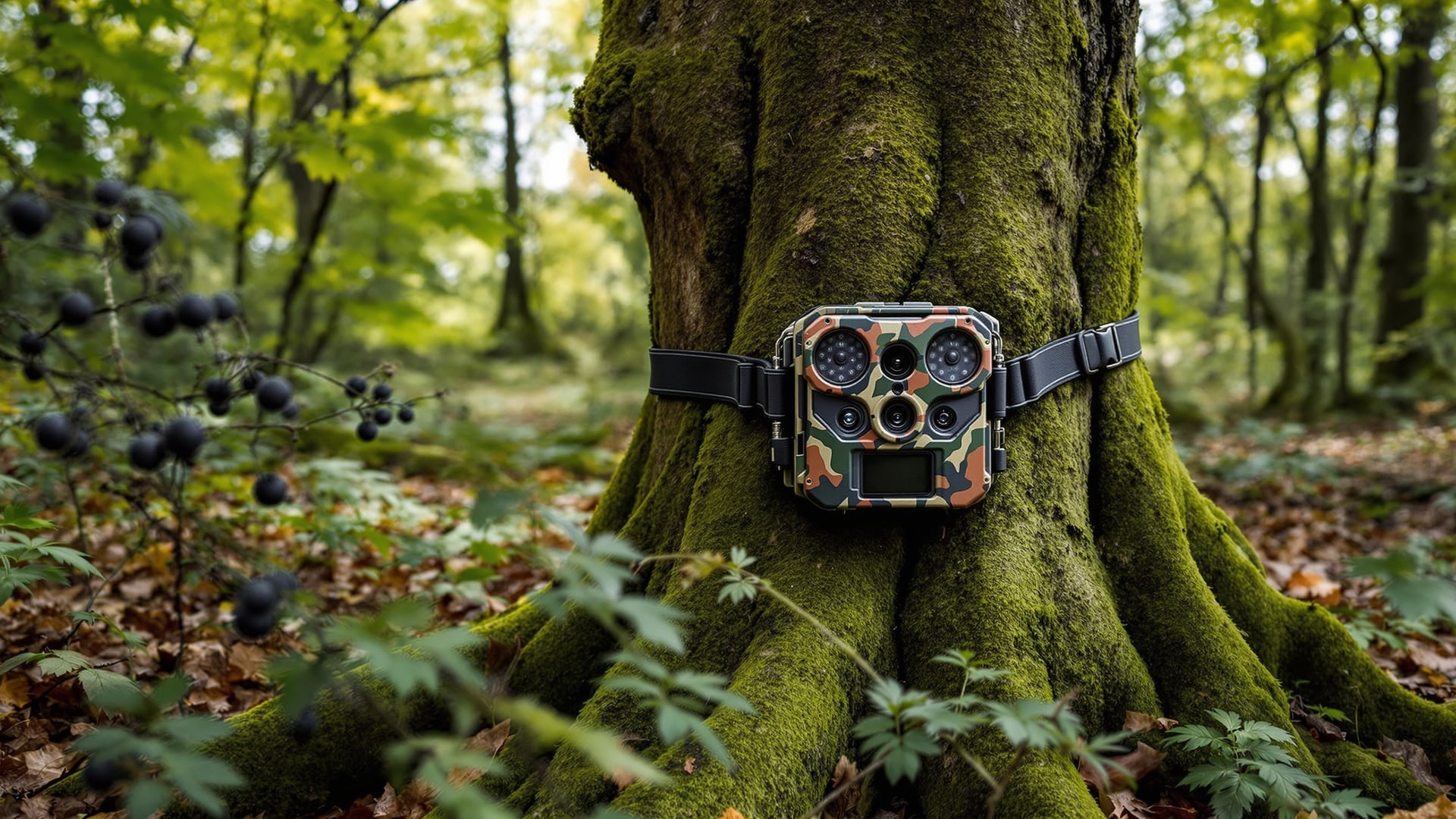 Camouflaged trail camera strapped to an oak trunk in woodland