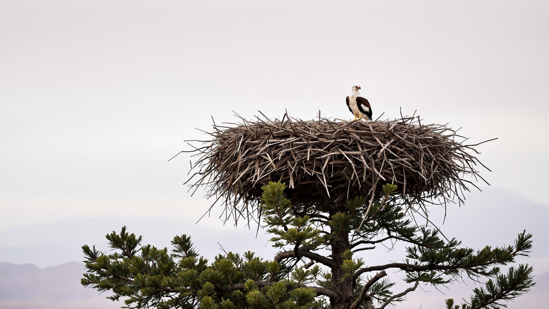 Osprey standing on a large stick nest high in a Scots pine