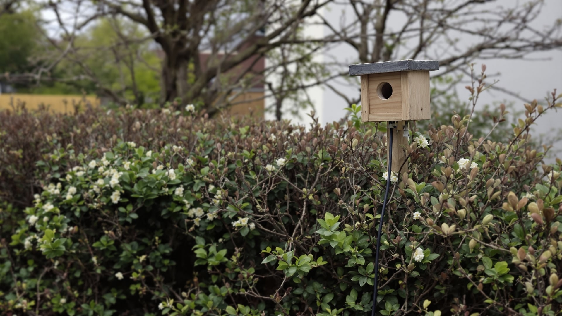 Camera cable running from a garden nest box back towards the house